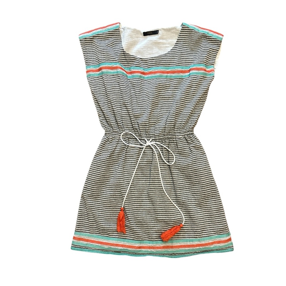 THML Striped Drawstring Dress with Coral & Teal Accents